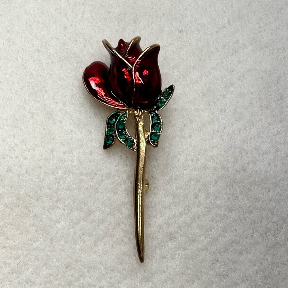 Vintage Red Enamel Rose Gold Tone with Green Rhinestones Brooch Pin